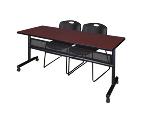 72" x 24" Flip Top Mobile Training Table with Modesty Panel - Mahogany and 2 Zeng Stack Chairs - Black