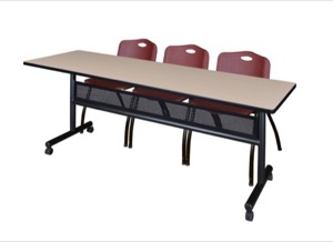 84" x 24" Flip Top Mobile Training Table with Modesty Panel - Beige and 3 "M" Stack Chairs - Burgundy