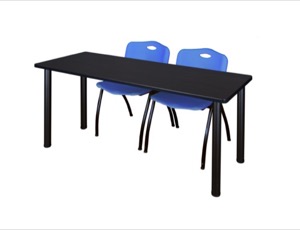 72" x 24" Kee Training Table - Mocha Walnut/ Black & 2 'M' Stack Chairs - Blue