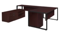 Structure 72" x 30" U-Desk with Laminate Low Credenza and Full Pedestal - Mahogany/Black