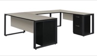 Structure 72" x 30" Double Metal Pedestal U-Desk with 42" Bridge - Maple/Black
