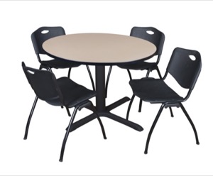Cain 48" Round Breakroom Table - Beige & 4 'M' Stack Chairs - Black
