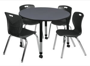 Kee 48" Round Height Adjustable Classroom Table  - Grey & 4 Andy 18-in Stack Chairs - Black