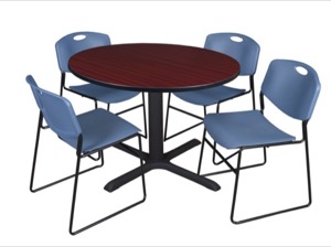 Cain 48" Round Breakroom Table - Mahogany & 4 Zeng Stack Chairs - Blue