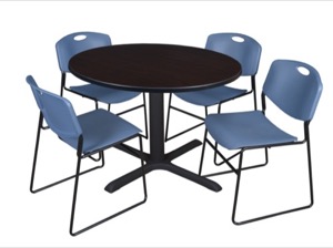 Cain 48" Round Breakroom Table - Mocha Walnut & 4 Zeng Stack Chairs - Blue