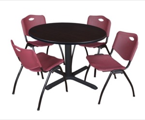 Cain 48" Round Breakroom Table - Mocha Walnut & 4 'M' Stack Chairs - Burgundy