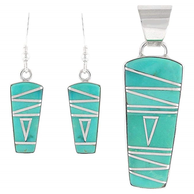 925 Sterling Silver Matching Pendant and Earrings Set with Genuine Turquoise and Semiprecious Gemstones
