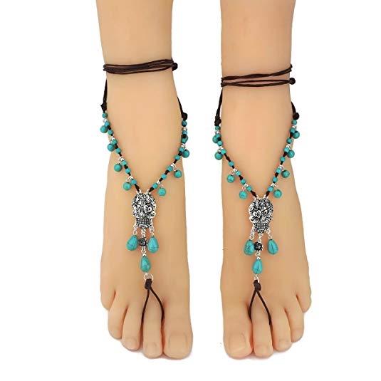 Jucicle Antique Silver Sugar Skull Turquoise Bead Barefoot Sandals Anklet
