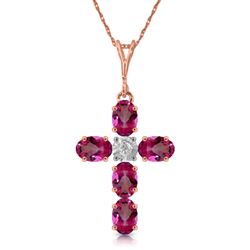 ALARRI 1.88 Carat 14K Solid Rose Gold Cross Necklace Natural Diamond Pink Topaz