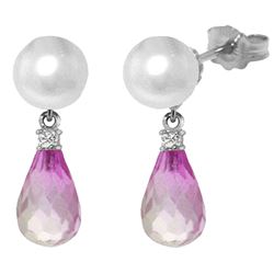ALARRI 6.6 Carat 14K Solid White Gold Stud Earrings Diamond, Pink Topaz Pearl