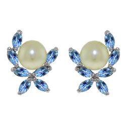 ALARRI 3.25 CTW 14K Solid White Gold Stud Earrings Blue Topaz Pearl