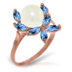 ALARRI 14K Solid Rose Gold Ring w/ Natural Blue Topaz & Pearl