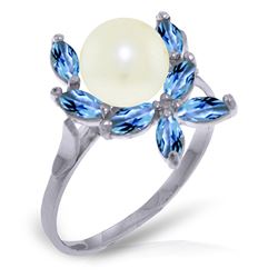 ALARRI 2.65 Carat 14K Solid White Gold Ring Natural Blue Topaz Pearl