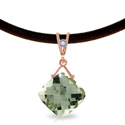 ALARRI 14K Solid Rose Gold & Leather Necklace w/ Diamond & Green Amethyst