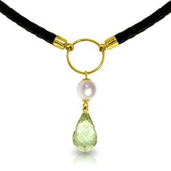 ALARRI 7.5 CTW 14K Solid Gold Leather Necklace Pearl Green Amethyst