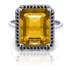 ALARRI 14K Solid White Gold Ring w/ Natural Black Diamonds & Citrine