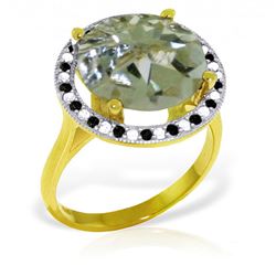 ALARRI 14K Solid Gold Ring w/ Natural Black / White Diamonds & Green Amethyst