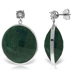 ALARRI 14K Solid White Gold Diamonds Stud Earrings w/ Dangling Round Emerald Color Corundum