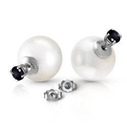 ALARRI 14K Solid White Gold Stud 1.0 Carat Natural Black Diamonds & White Shell Pearl Earrings