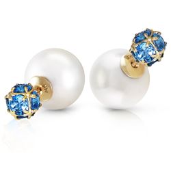 ALARRI 14K Solid Gold Tribal Double Shell Pearls And Blue Topaz Stud Earrings