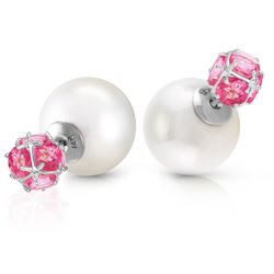 ALARRI 14K Solid White Gold Tribal Double Shell Pearls And Pink Topaz Stud Earrings