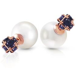 ALARRI 14K Solid Rose Gold Tribal Double Shell Pearls And Sapphires Stud Earrings