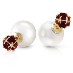 ALARRI 14K Solid Gold Tribal Double Shell Pearls And Garnets Stud Earrings