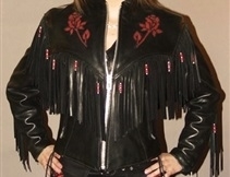 Women's Red Rose Leather Jacket with Fringe & Beads