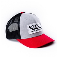 White Farm Equipment Hat, Gray with Red Brim