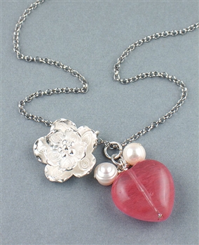 Fine Sterling Silver Charm Necklace with Cherry Quartz & Freshwater Pearls by Chou