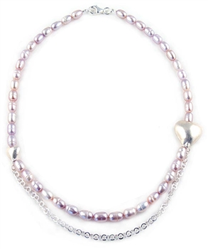 Pink Freshwater Pearls Necklace with Sterling Silver Hearts & Chain by Chou