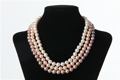 Triple Necklace - 3 Strand White Pink Peach 9 mm