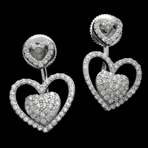 MCER1049 - Silver CZ Micropave Dangle Double Heart Earrings