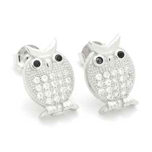 MCER1072 - Silver CZ Black Eyes Owl Stud Earrings