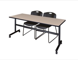 72" x 30" Flip Top Mobile Training Table - Beige and 2 Zeng Stack Chairs - Black