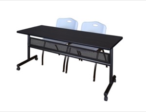 72" x 24" Flip Top Mobile Training Table with Modesty Panel - Mocha Walnut and 2 "M" Stack Chairs - Grey