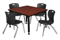 Kee 30" Square Height Adjustable  Classroom Table  - Cherry & 4 Andy 12-in Stack Chairs - Black