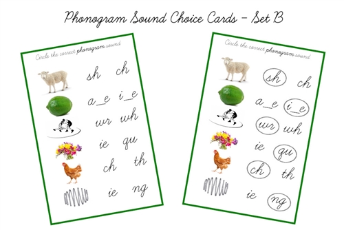 Green Phonogram Sound Choice Cards, Cursive - Set B (PDF)