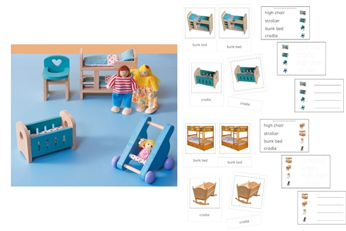 Blue Bunk Bed Set, 3 Dolls & PDF Language Exercise Cards