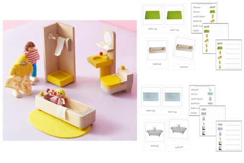 Yellow Bathroom Set, 3 Dolls & PDF Language Exercise Cards