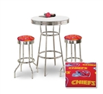 Bar Table Set 3-Piece White and Chrome Table with 2 – 29” Swivel Stools Featuring the Kansas City Chiefs NFL Team Fabric and Clear Vinyl Covered Seat Cushions