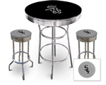 3 Piece Black Pub/Bar Table Featuring the Chicago White Sox MLB Team Logo Decal and 2 Gray Vinyl Team Logo Decal Swivel Stools