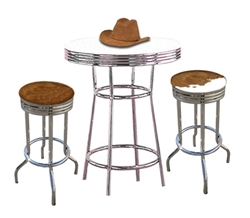 NEW Genuine Cowhide Hair on The Hide 2 Western 29" Chrome Swivel Seat Bar Stools with White Chrome Table