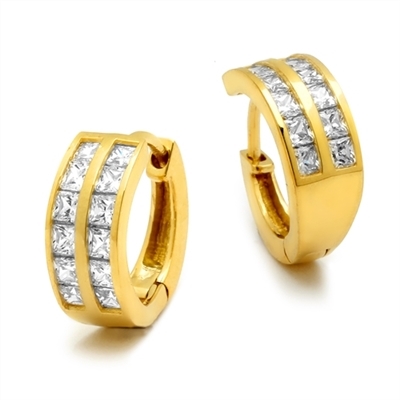 14K Yellow Gold Huggies With Two Row Of Channel Set Princess Cut Diamond Essence Stone, 1.40 Cts.T.W.