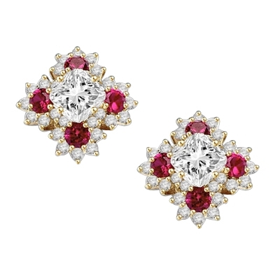 Designer Earrings with Asscher cut Diamond Essence in center surrounded by Floral Designs created with Round Ruby Essence and Melee. 6.0 Cts. T.W. set in 14K Solid Yellow Gold.