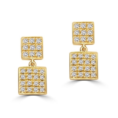 Square double dangle earrings set with round accents on both drops. 1.5 Cts. T.W. In 14k Solid Yellow Gold.
