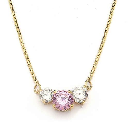 Pink Essence stone accompanied by Diamond Essence stones on each side to make delicate but stunning looking necklace. 14K Solid Gold. 4.0 cts. T.W. on 16 inch yellow Gold Chain.
