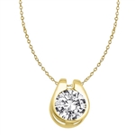 Diamond Essence 2.0 Cts. Round Brilliant Stone set in shell-like bezel setting of 14K Solid Gold, makes a delicate Slide Pendant.
Approx size of Pendant is 12.5 mm Length and 10 mm Width.
Free Vermeil Chain Included.