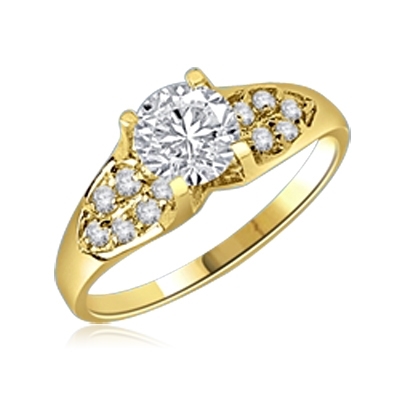 Diamond Essence Designer Ring with 1.0 Ct. Round Brilliant Stone in center accompanied by glittering Melee on sides, 1.50 Cts.T.W. set  in 14K Solid Yellow Gold.