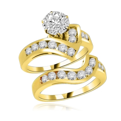 Radames And Aida-Wedding Set in 14K Solid Gold, 1.8 Cts.T.W. with 1 Ct. Solitaire and Curvy Channel Set Melee Accents. Show of your Celestial Beauty and Starry Love!